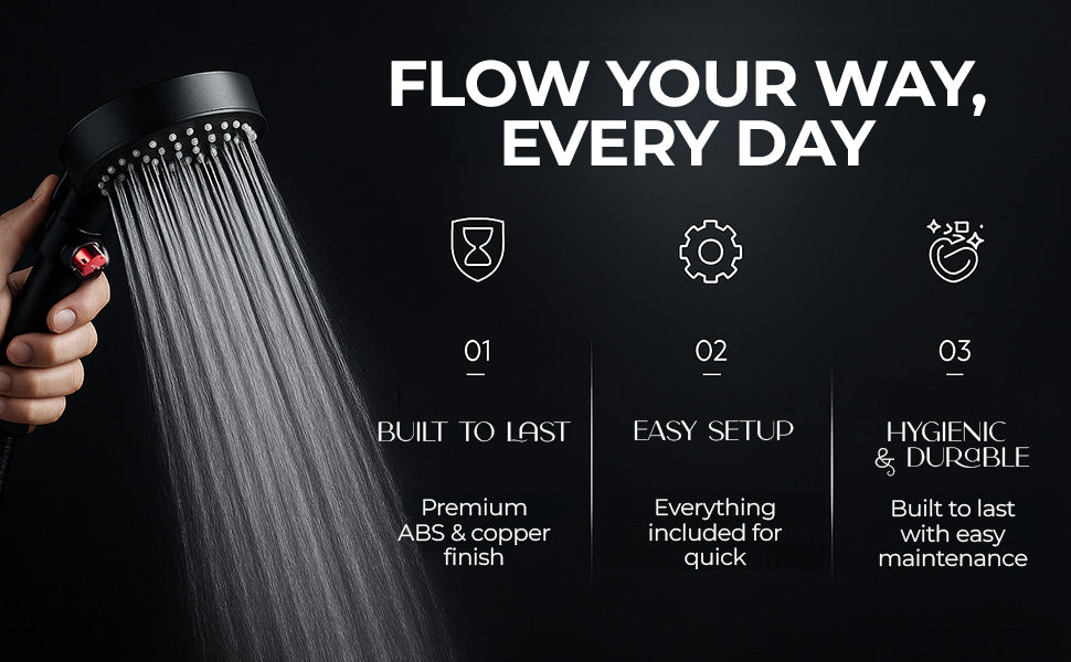 MILA Flowflex Hand Shower - MBHB0206BK, Hand Shower With Double Sided Water Outlet, Multi Function, PP cotton filter, Matt Black Finish, 3 Function Filter